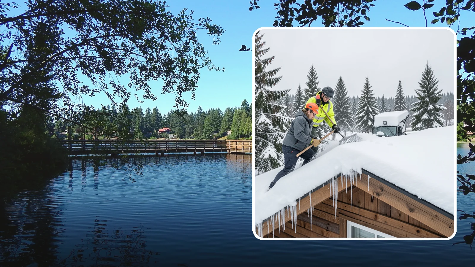 Roof Raking in Federal Way, King County, WA - We rake snow off the lower roof edge from the ground to reduce load and cut ice dam risk.
