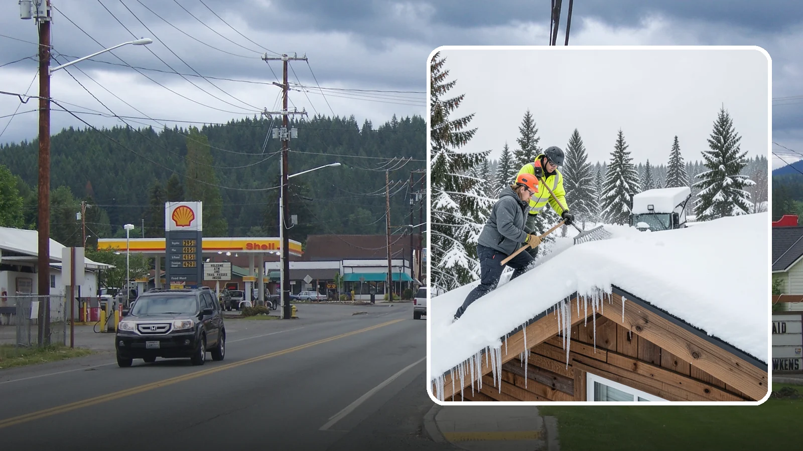 Roof Raking in Granite Falls, Snohomish County, WA - We rake snow off the lower roof edge from the ground to reduce load and cut ice dam risk.