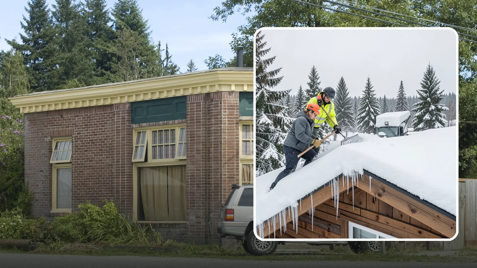 Roof Raking in Hamilton, Skagit County, WA - We rake snow off the lower roof edge from the ground to reduce load and cut ice dam risk.