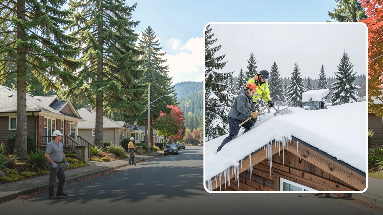 Roof Raking in Hunts Point, King County, WA - We rake snow off the lower roof edge from the ground to reduce load and cut ice dam risk.