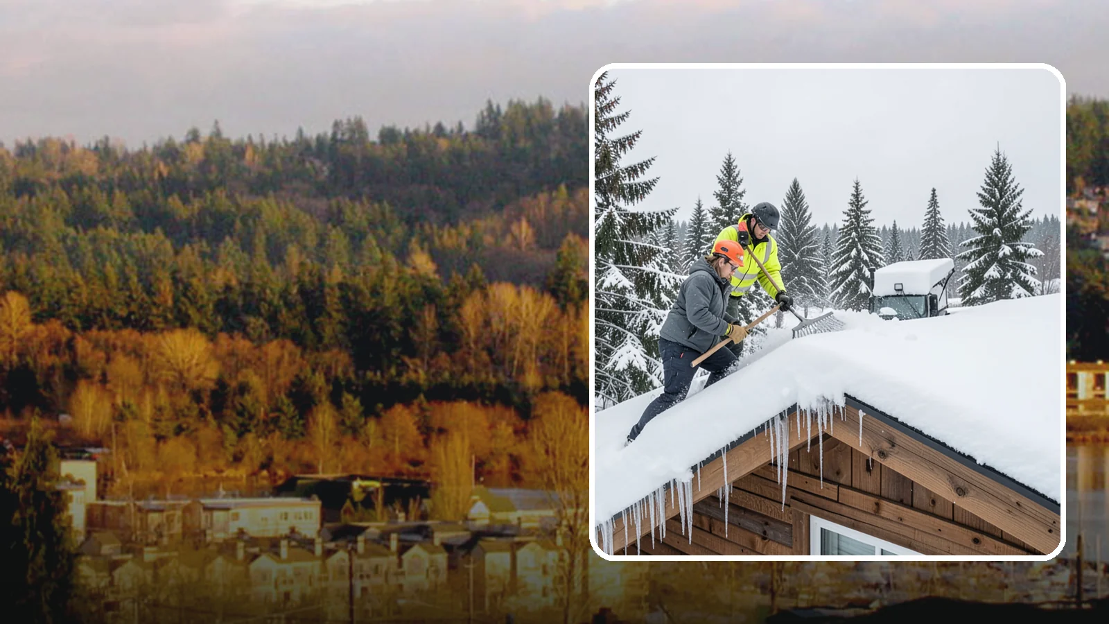 Roof Raking in Kenmore, King County, WA - We rake snow off the lower roof edge from the ground to reduce load and cut ice dam risk.