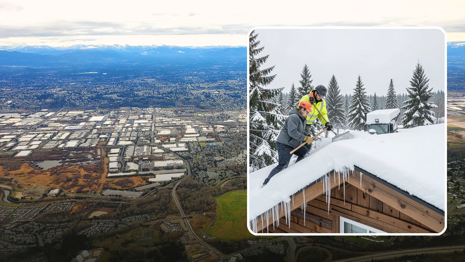 Roof Raking in Kent, King County, WA - We rake snow off the lower roof edge from the ground to reduce load and cut ice dam risk.