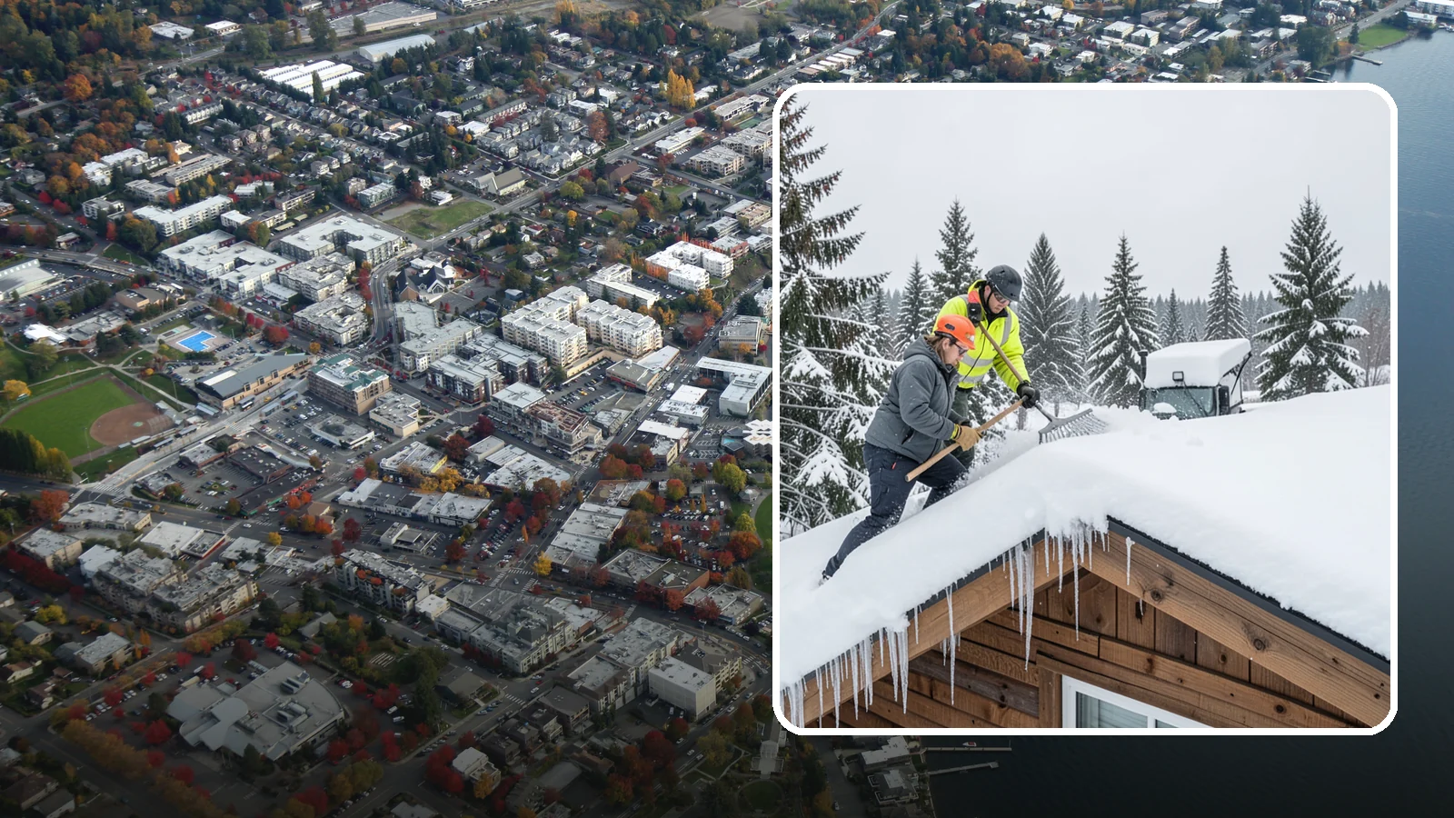 Roof Raking in Kirkland, King County, WA - We rake snow off the lower roof edge from the ground to reduce load and cut ice dam risk.