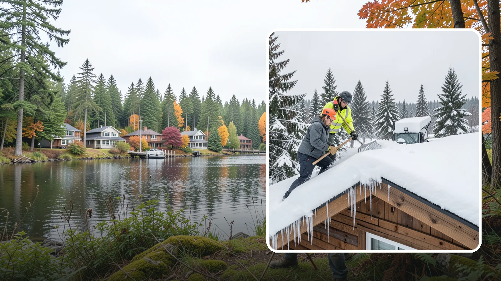 Roof Raking in La Conner, Skagit County, WA - We rake snow off the lower roof edge from the ground to reduce load and cut ice dam risk.