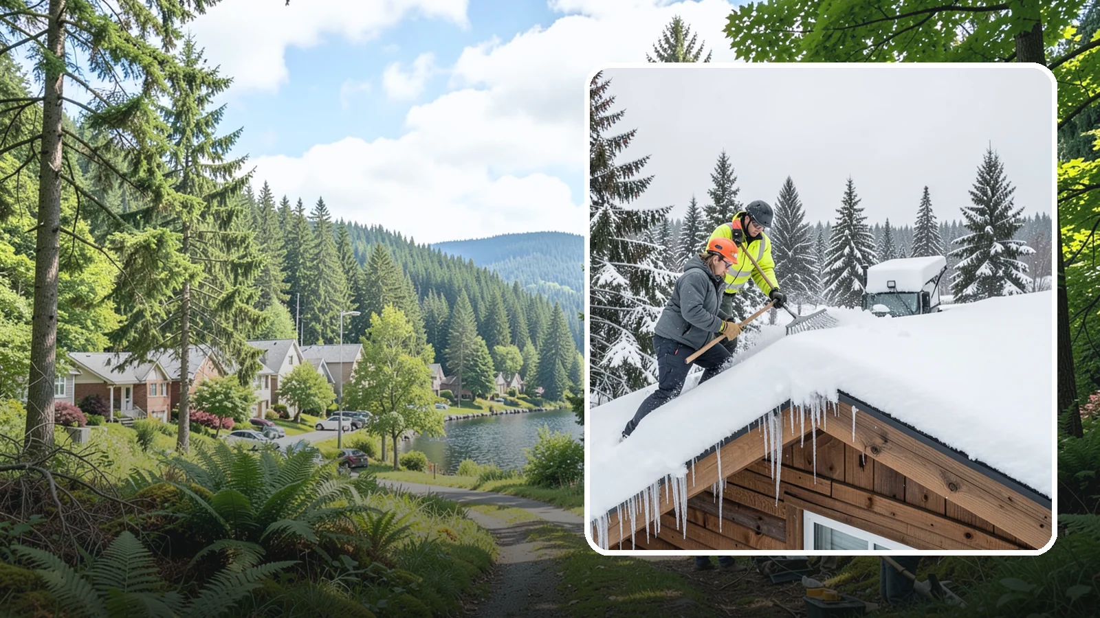 Roof Raking in Lake Forest Park, King County, WA - We rake snow off the lower roof edge from the ground to reduce load and cut ice dam risk.
