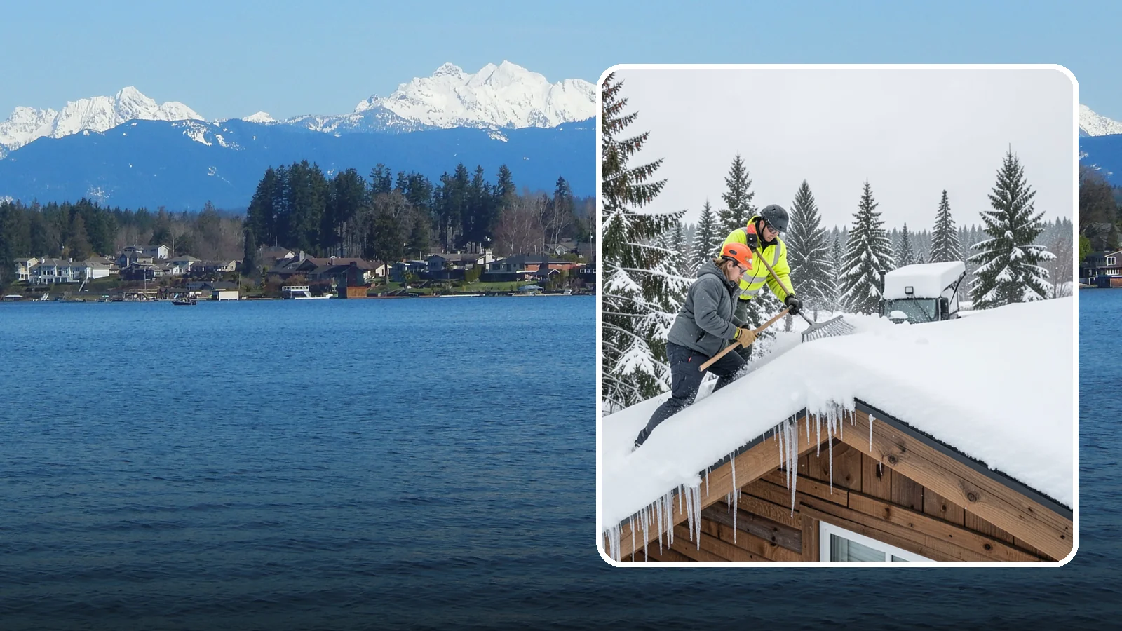 Roof Raking in Lake Stevens, Snohomish County, WA - We rake snow off the lower roof edge from the ground to reduce load and cut ice dam risk.