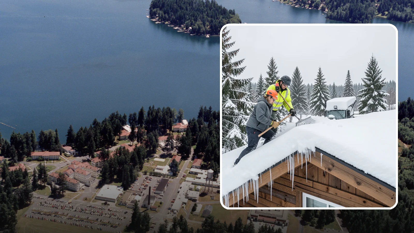 Roof Raking in Lakewood, Pierce County, WA - We rake snow off the lower roof edge from the ground to reduce load and cut ice dam risk.