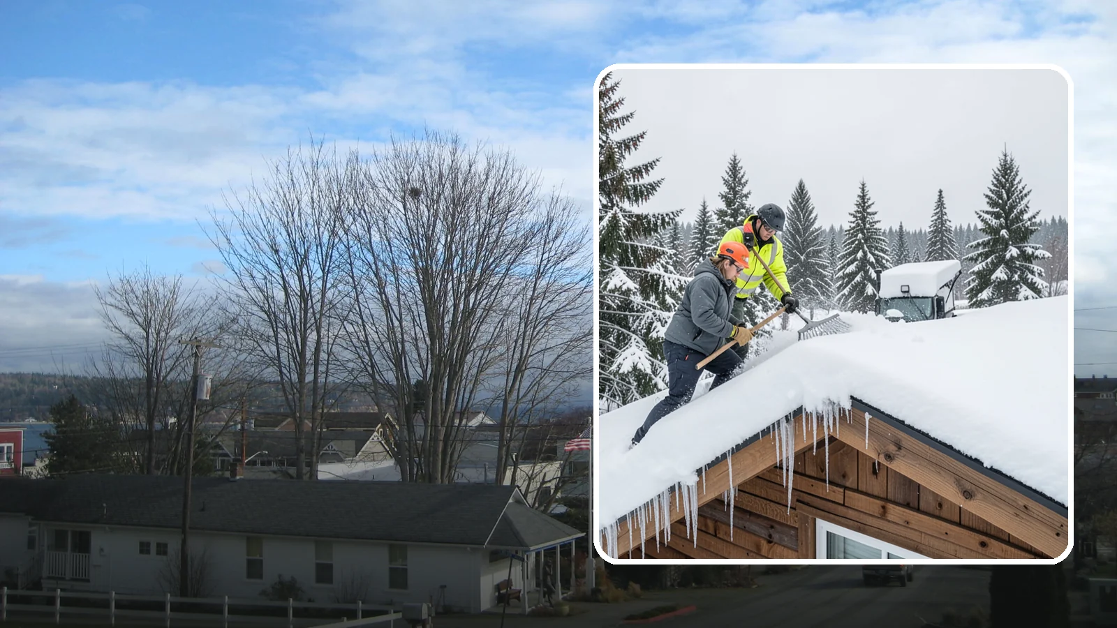 Roof Raking in Langley, Island County, WA - We rake snow off the lower roof edge from the ground to reduce load and cut ice dam risk.