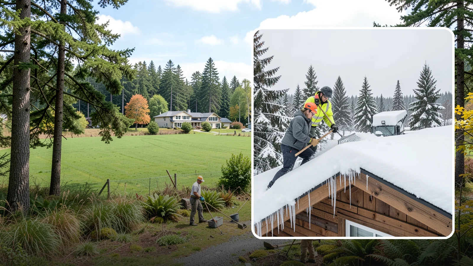Roof Raking in Lyman, Skagit County, WA - We rake snow off the lower roof edge from the ground to reduce load and cut ice dam risk.