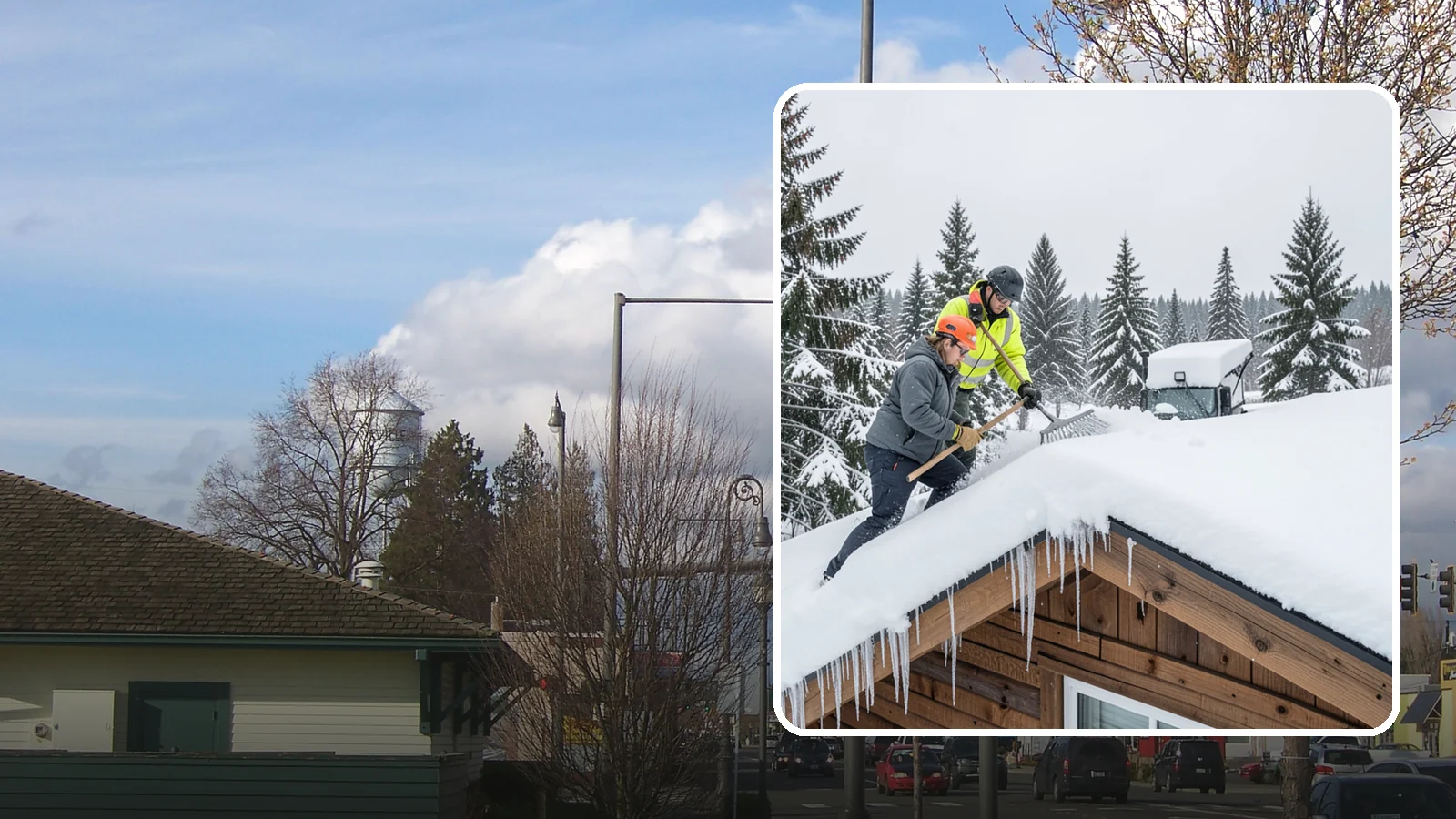Roof Raking in Marysville, Snohomish County, WA - We rake snow off the lower roof edge from the ground to reduce load and cut ice dam risk.