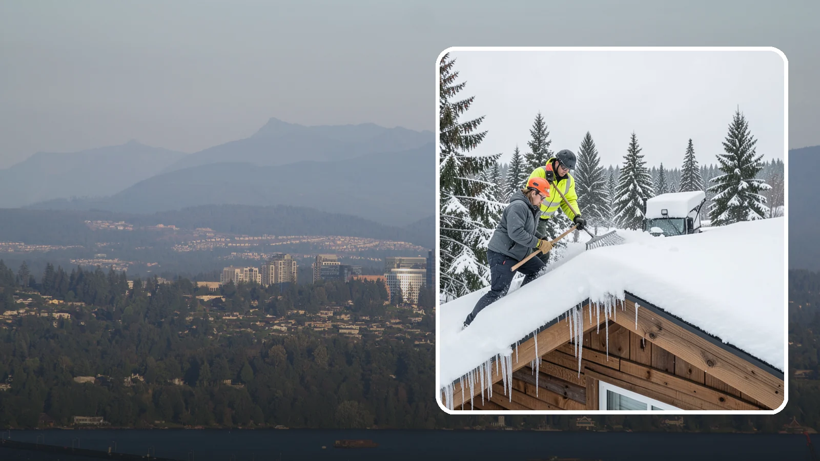 Roof Raking in Medina, King County, WA - We rake snow off the lower roof edge from the ground to reduce load and cut ice dam risk.