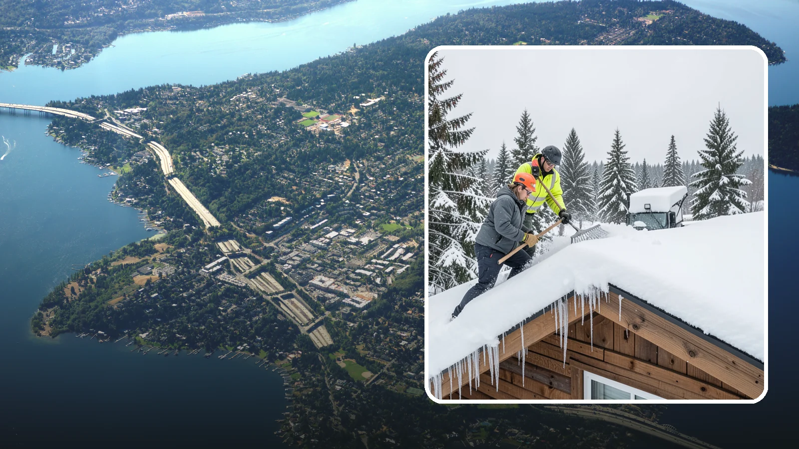 Roof Raking in Mercer Island, King County, WA - We rake snow off the lower roof edge from the ground to reduce load and cut ice dam risk.