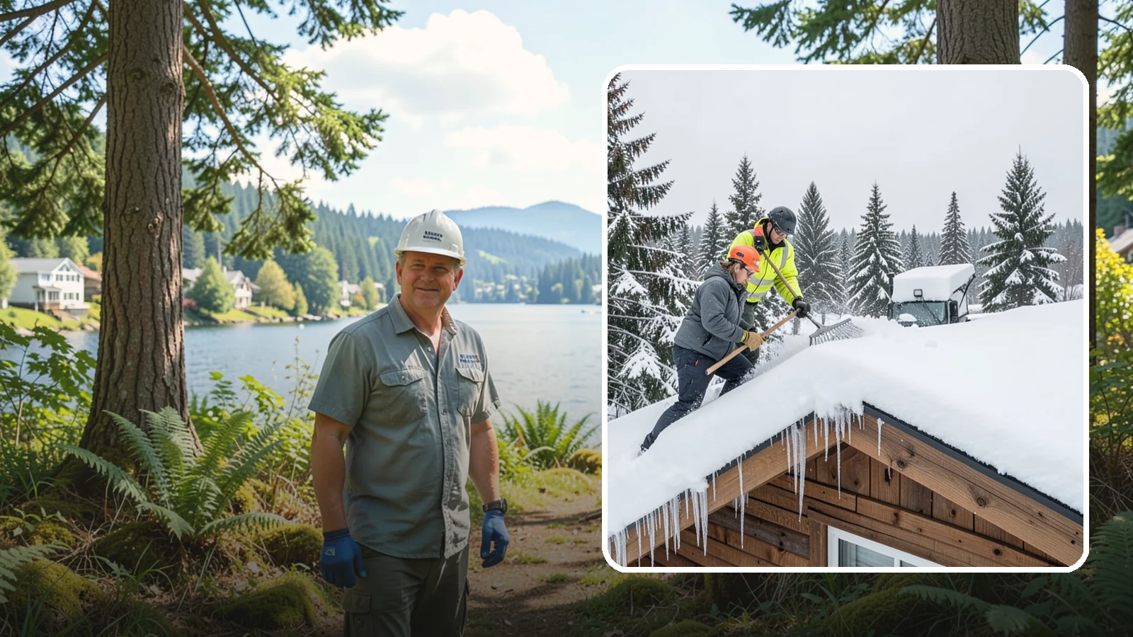 Roof Raking in Milton, King County, WA - We rake snow off the lower roof edge from the ground to reduce load and cut ice dam risk.