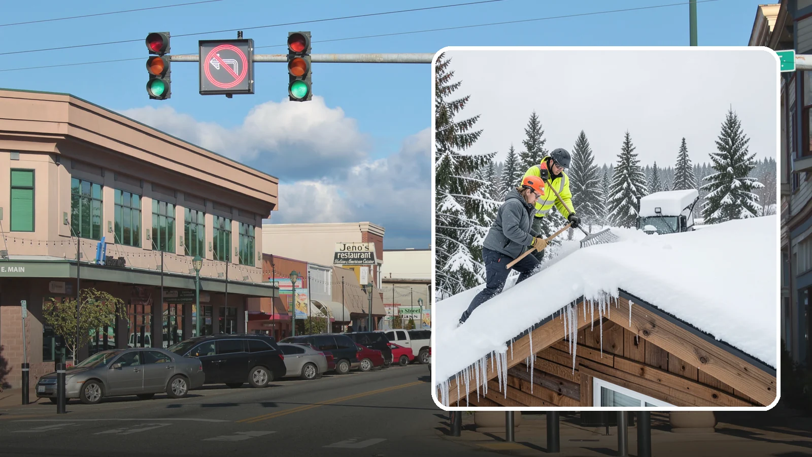 Roof Raking in Monroe, Snohomish County, WA - We rake snow off the lower roof edge from the ground to reduce load and cut ice dam risk.