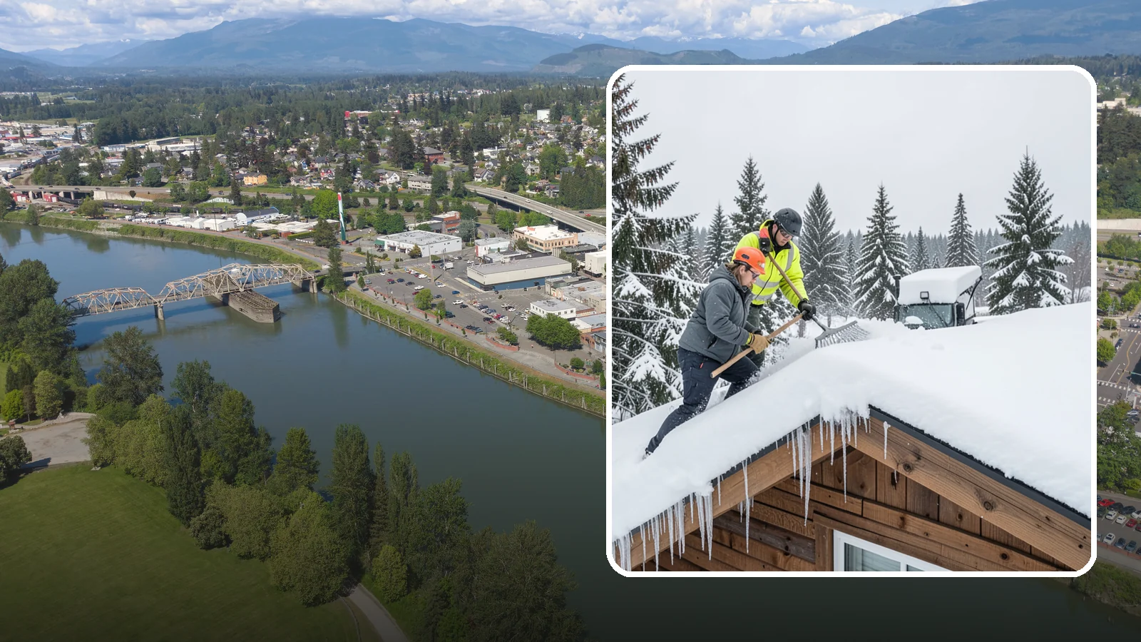 Roof Raking in Mount Vernon, Skagit County, WA - We rake snow off the lower roof edge from the ground to reduce load and cut ice dam risk.