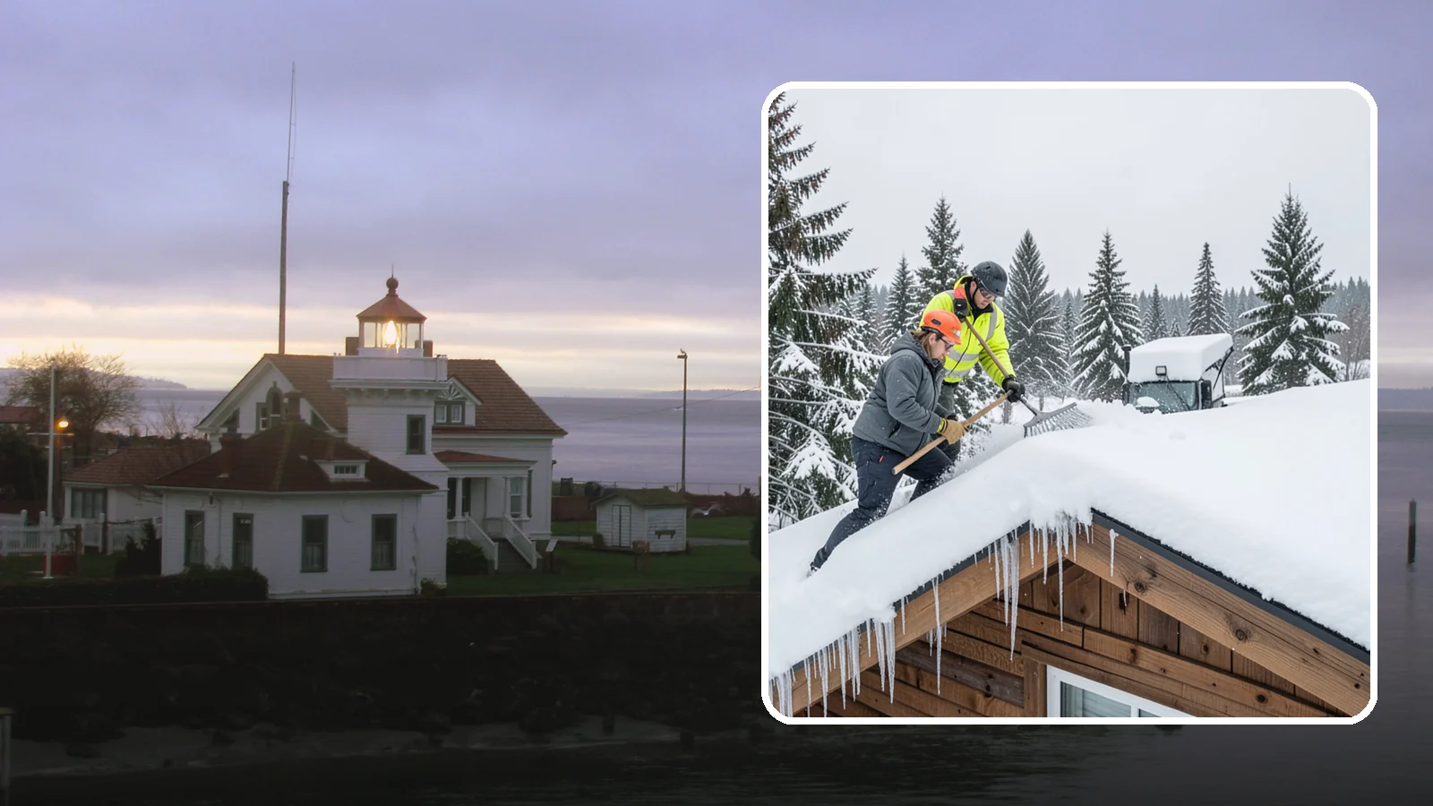 Roof Raking in Mukilteo, Snohomish County, WA - We rake snow off the lower roof edge from the ground to reduce load and cut ice dam risk.