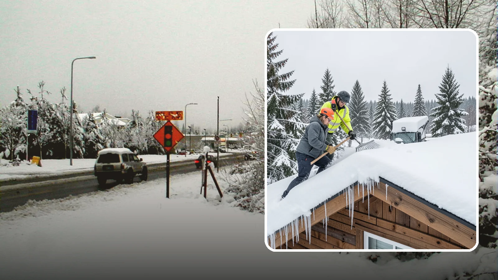 Roof Raking in Newcastle, King County, WA - We rake snow off the lower roof edge from the ground to reduce load and cut ice dam risk.