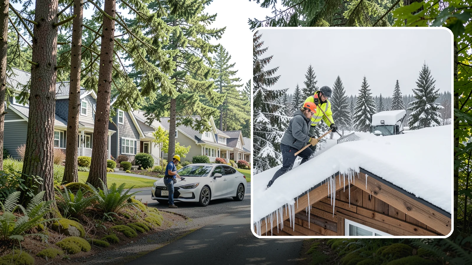 Roof Raking in Normandy Park, King County, WA - We rake snow off the lower roof edge from the ground to reduce load and cut ice dam risk.