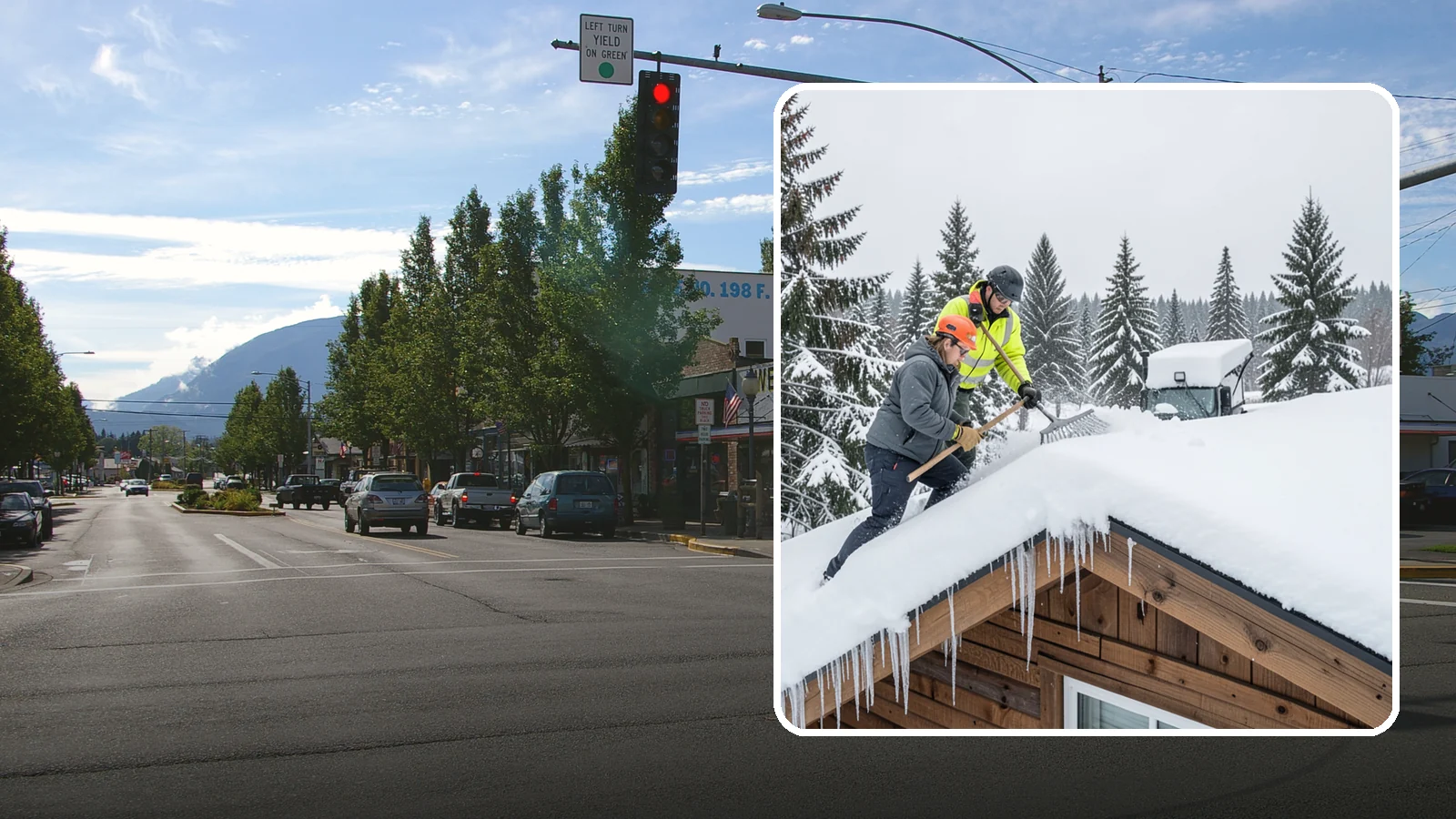 Roof Raking in North Bend, King County, WA - We rake snow off the lower roof edge from the ground to reduce load and cut ice dam risk.