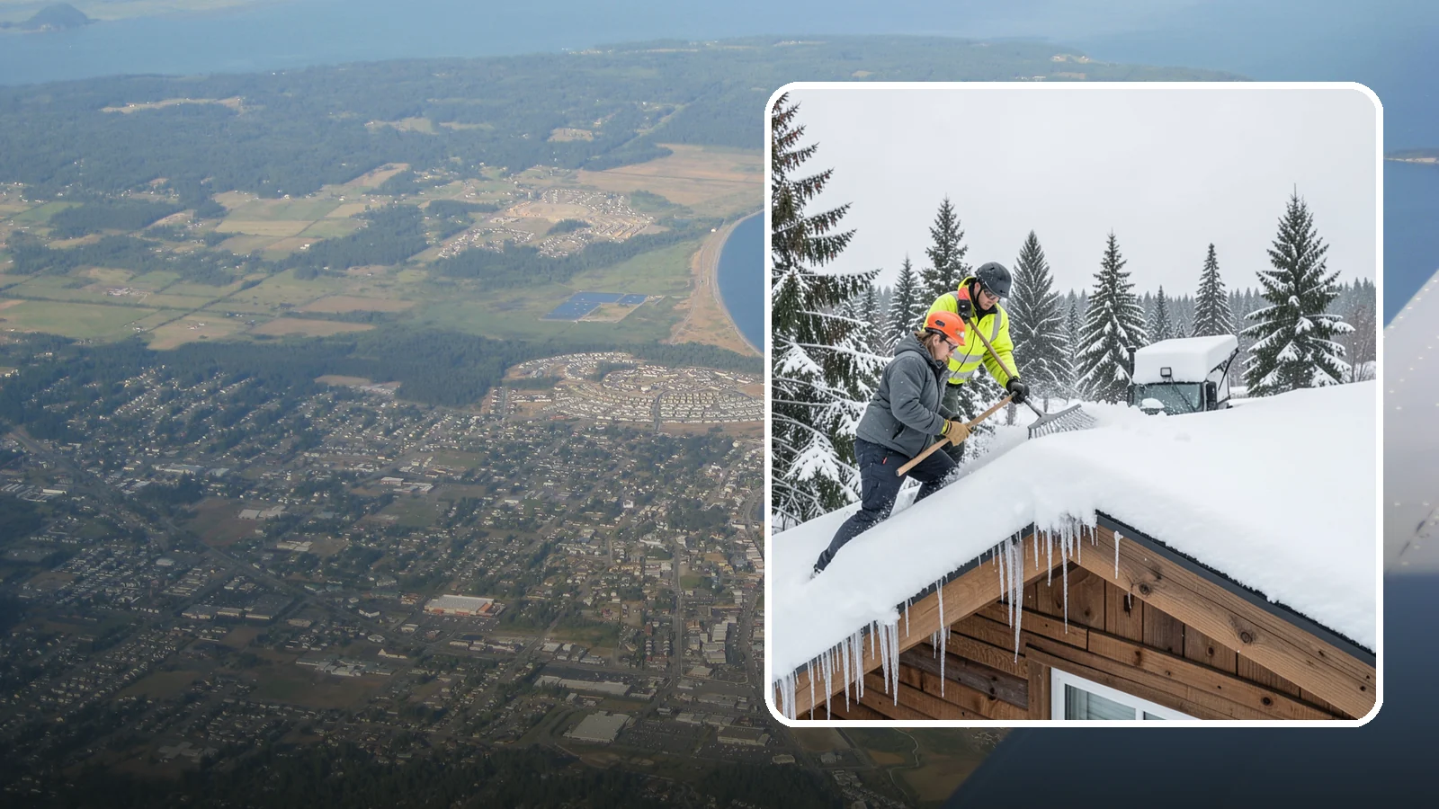 Roof Raking in Oak Harbor, Island County, WA - We rake snow off the lower roof edge from the ground to reduce load and cut ice dam risk.