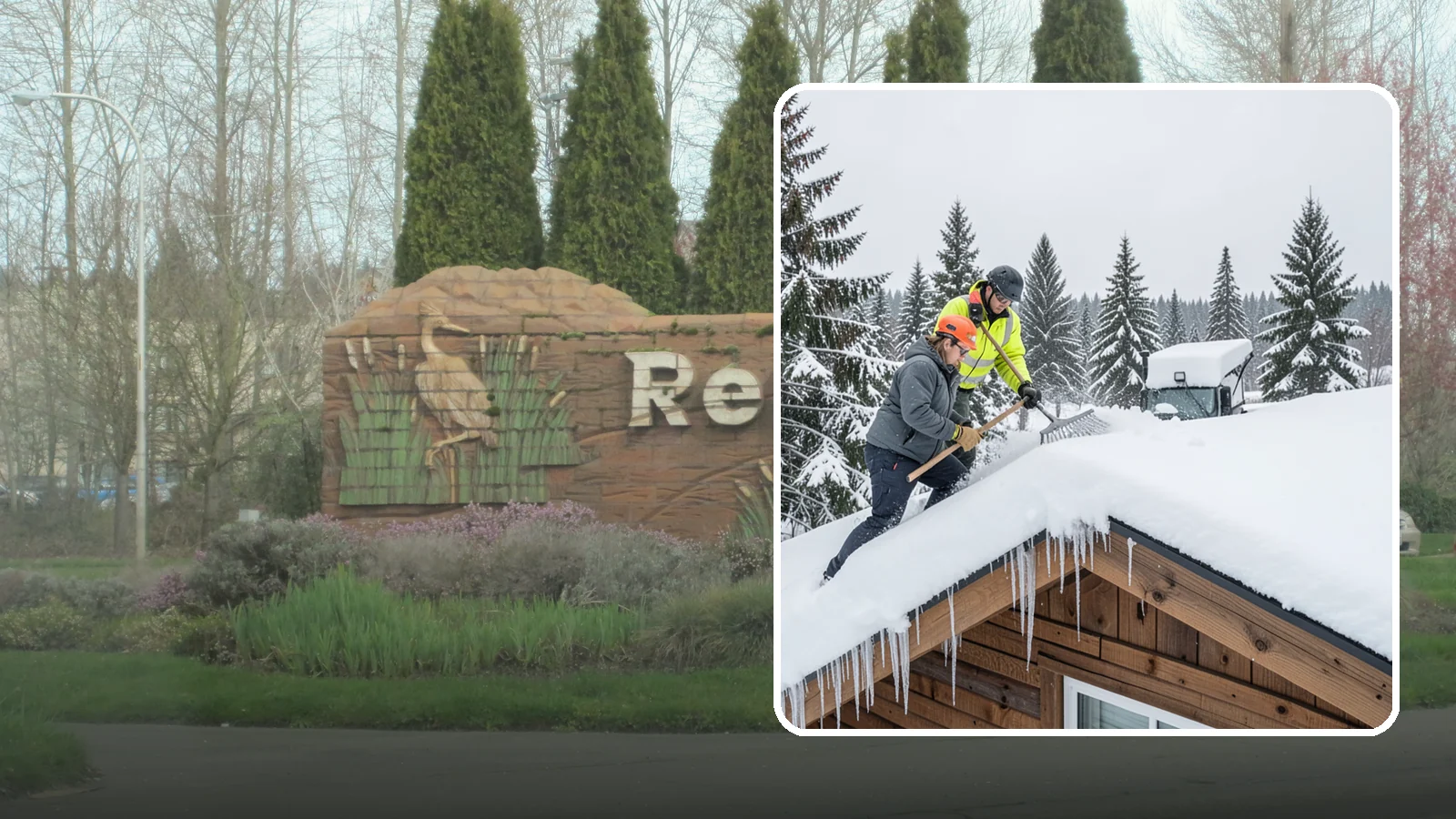 Roof Raking in Renton, King County, WA - We rake snow off the lower roof edge from the ground to reduce load and cut ice dam risk.