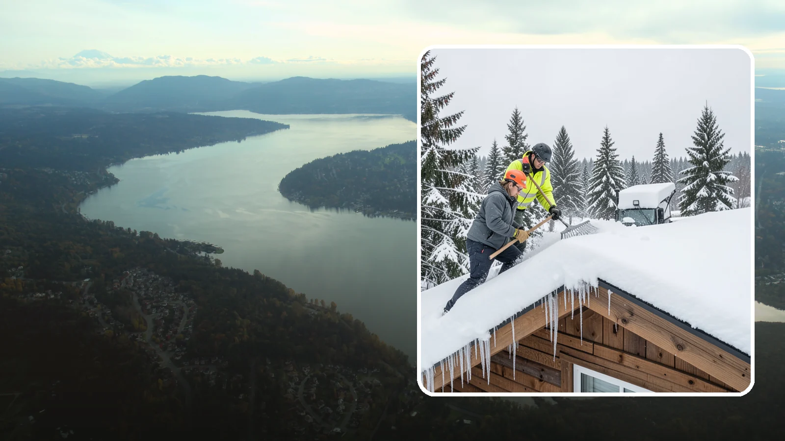 Roof Raking in Sammamish, King County, WA - We rake snow off the lower roof edge from the ground to reduce load and cut ice dam risk.