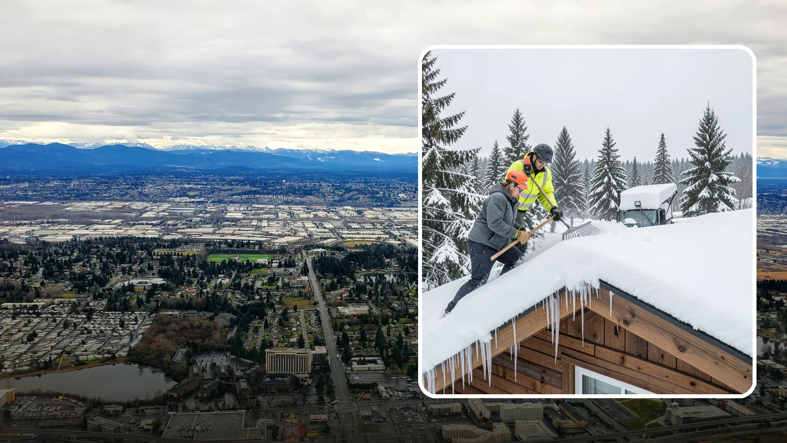Roof Raking in SeaTac, King County, WA - We rake snow off the lower roof edge from the ground to reduce load and cut ice dam risk.