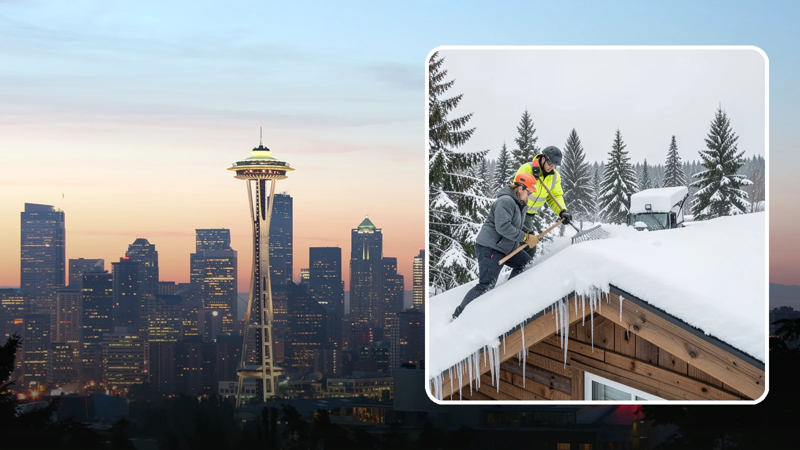 Roof Raking in Seattle, King County, WA - We rake snow off the lower roof edge from the ground to reduce load and cut ice dam risk.