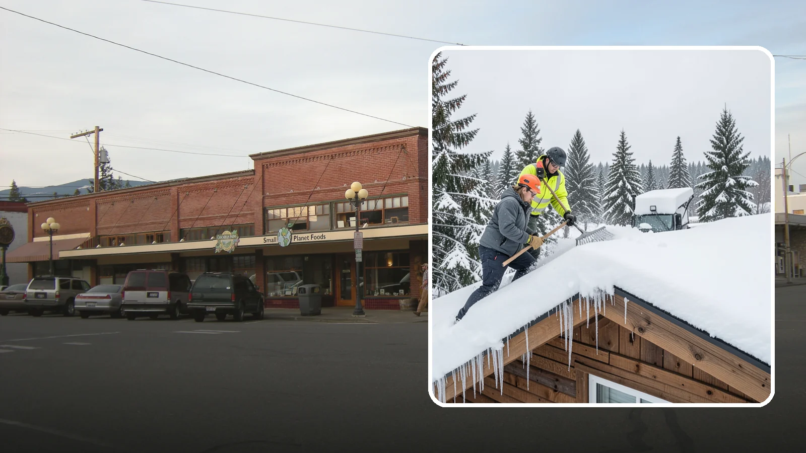 Roof Raking in Sedro-Woolley, Skagit County, WA - We rake snow off the lower roof edge from the ground to reduce load and cut ice dam risk.