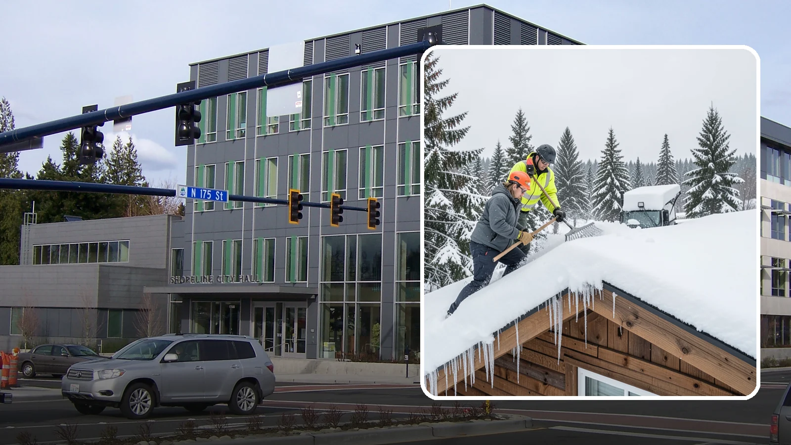 Roof Raking in Shoreline, King County, WA - We rake snow off the lower roof edge from the ground to reduce load and cut ice dam risk.