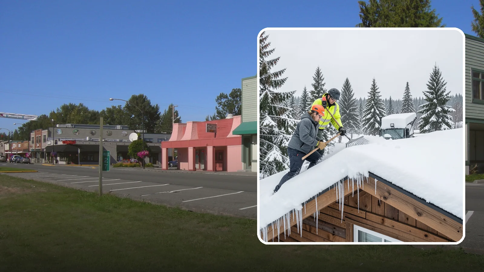 Roof Raking in Snoqualmie, King County, WA - We rake snow off the lower roof edge from the ground to reduce load and cut ice dam risk.