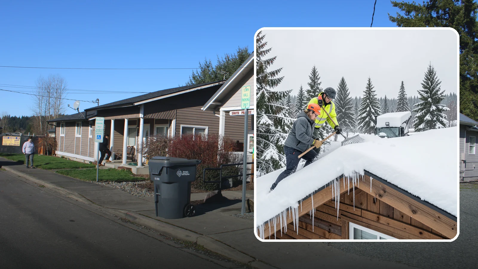Roof Raking in South Prairie, Pierce County, WA - We rake snow off the lower roof edge from the ground to reduce load and cut ice dam risk.