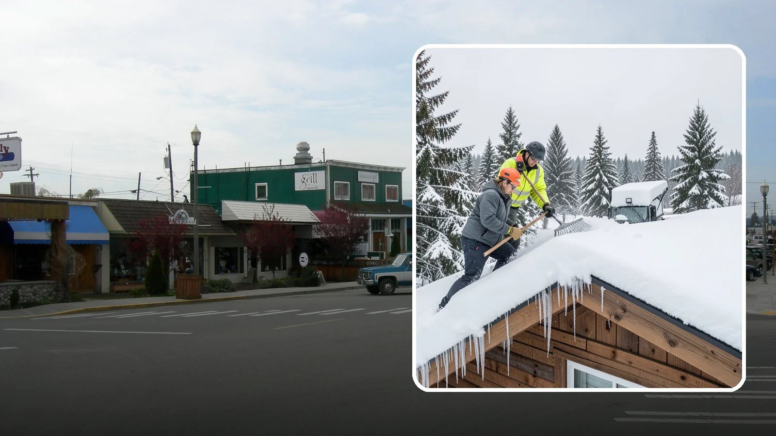 Roof Raking in Stanwood, Snohomish County, WA - We rake snow off the lower roof edge from the ground to reduce load and cut ice dam risk.