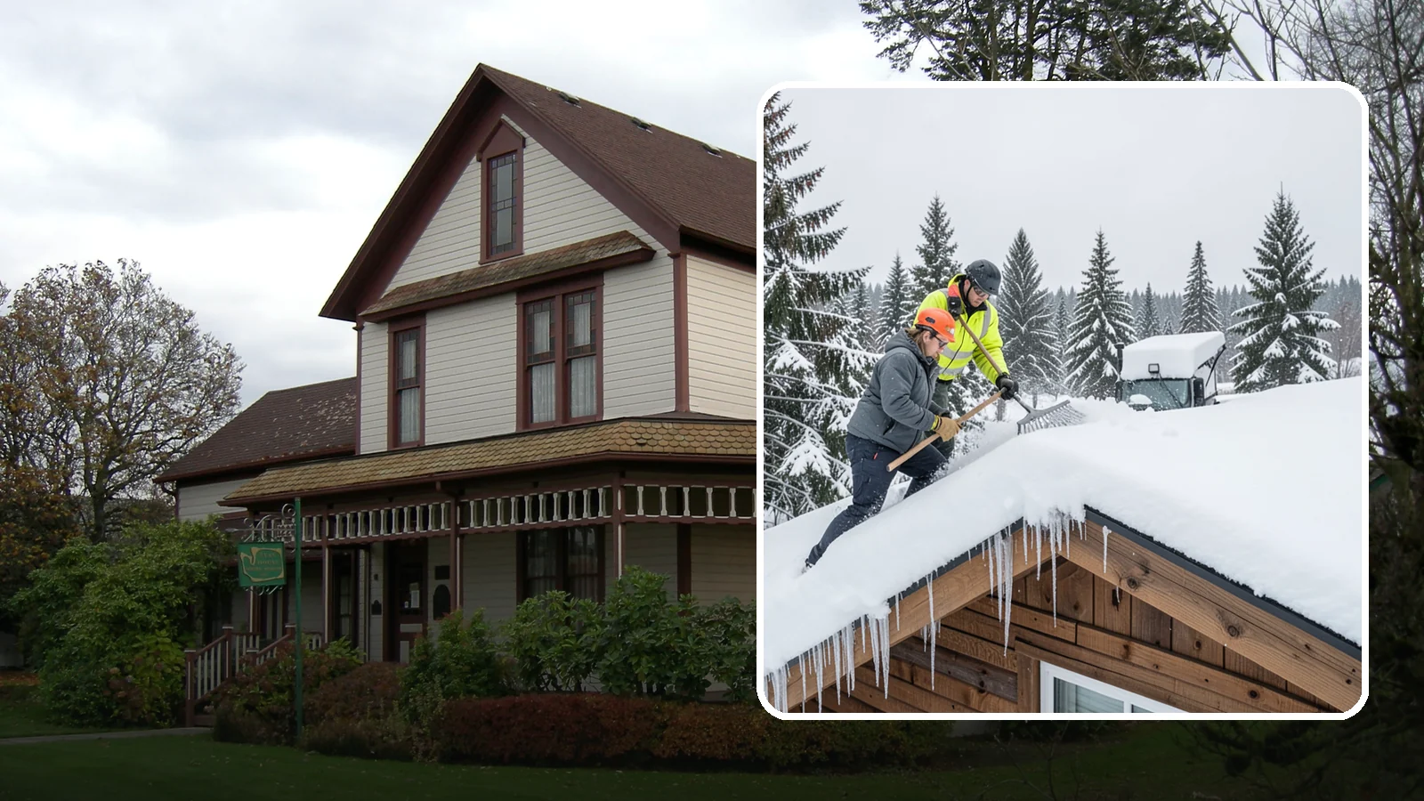 Roof Raking in Sumner, Pierce County, WA - We rake snow off the lower roof edge from the ground to reduce load and cut ice dam risk.