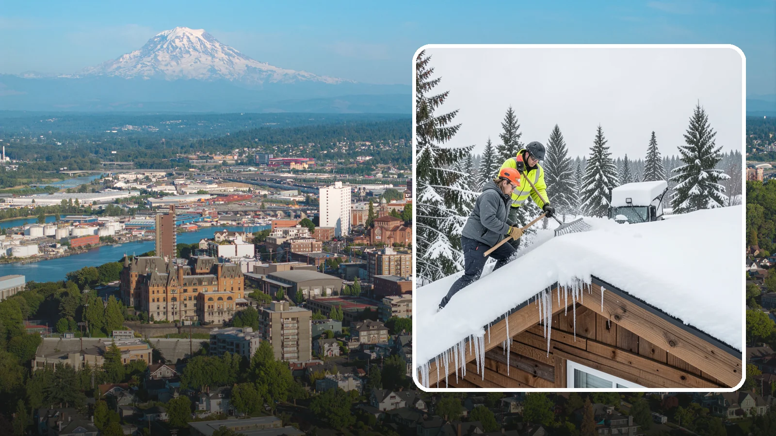 Roof Raking in Tacoma, Pierce County, WA - We rake snow off the lower roof edge from the ground to reduce load and cut ice dam risk.