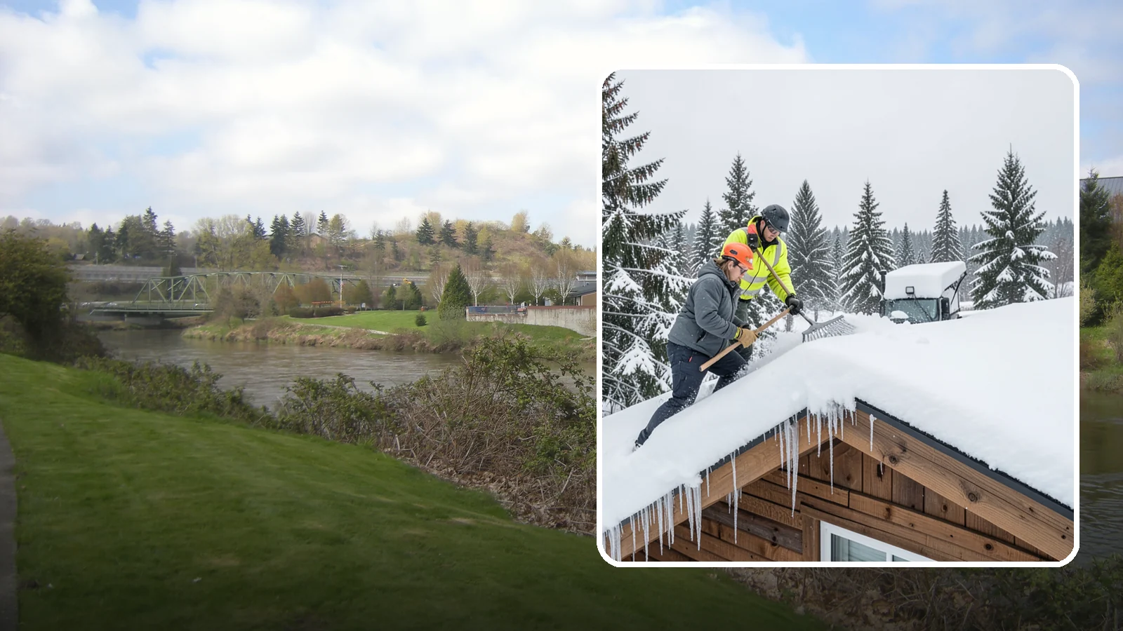 Roof Raking in Tukwila, King County, WA - We rake snow off the lower roof edge from the ground to reduce load and cut ice dam risk.