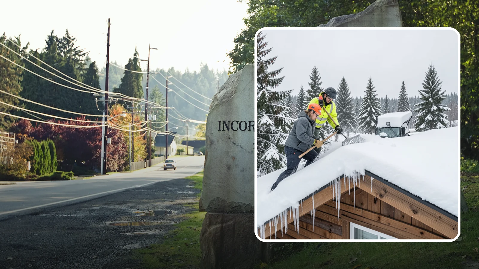Roof Raking in Wilkeson, Pierce County, WA - We rake snow off the lower roof edge from the ground to reduce load and cut ice dam risk.