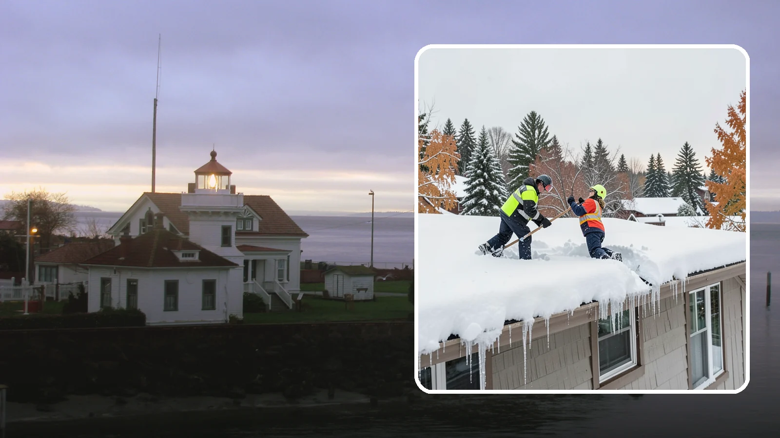 Roof Snow Removal in Mukilteo, Snohomish County, WA - We safely remove accumulated snow from residential and light commercial roofs to protect against structural overload.