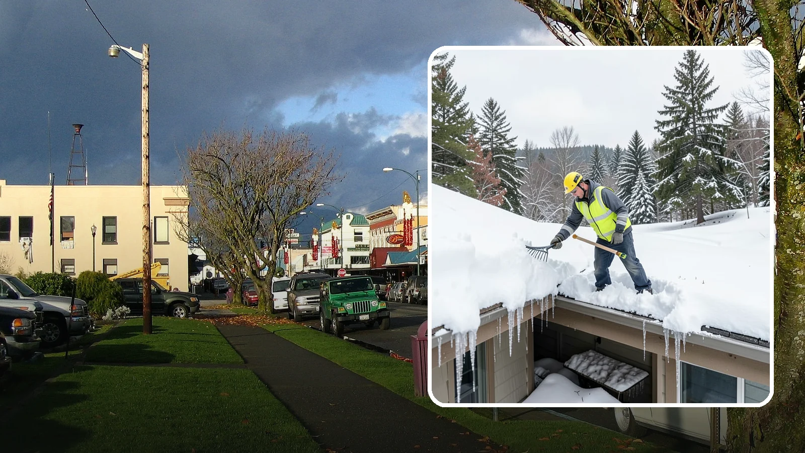 Roof Valley Clearing in Arlington, Snohomish County, WA - We clear snow and ice from roof valleys where heavy Northwest accumulation and ice dams concentrate.