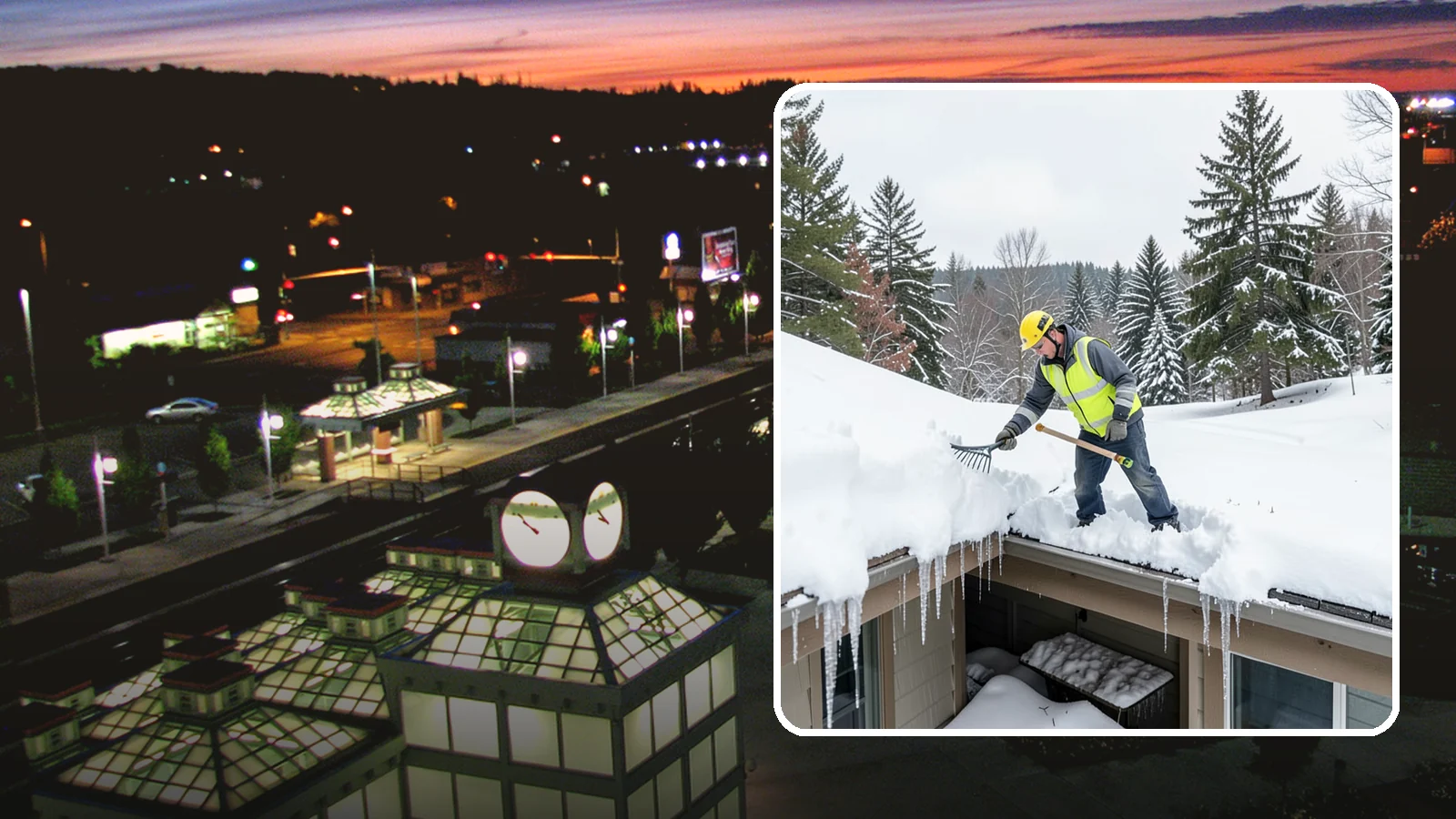 Roof Valley Clearing in Auburn, King County, WA - We clear snow and ice from roof valleys where heavy Northwest accumulation and ice dams concentrate.