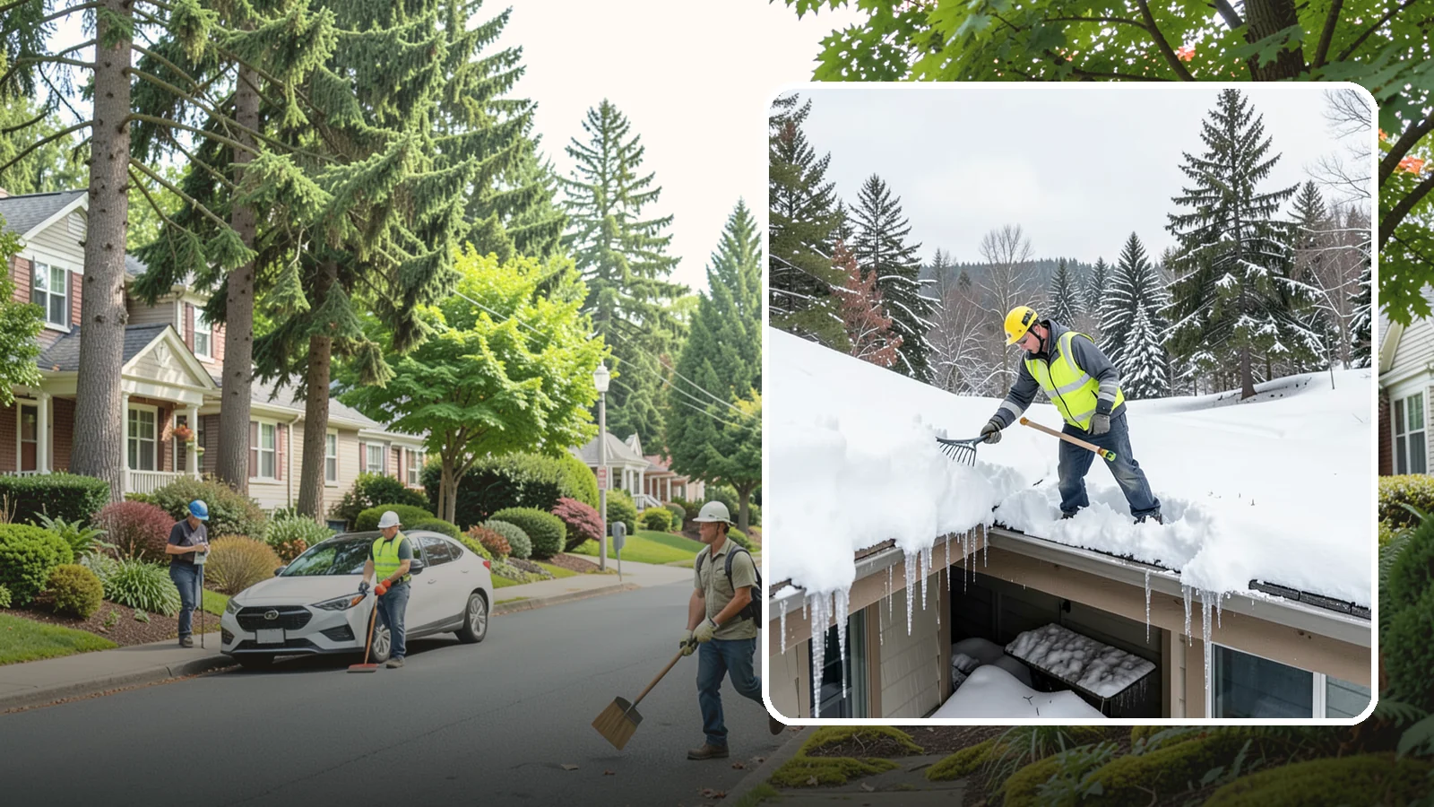 Roof Valley Clearing in Beaux Arts Village, King County, WA - We clear snow and ice from roof valleys where heavy Northwest accumulation and ice dams concentrate.