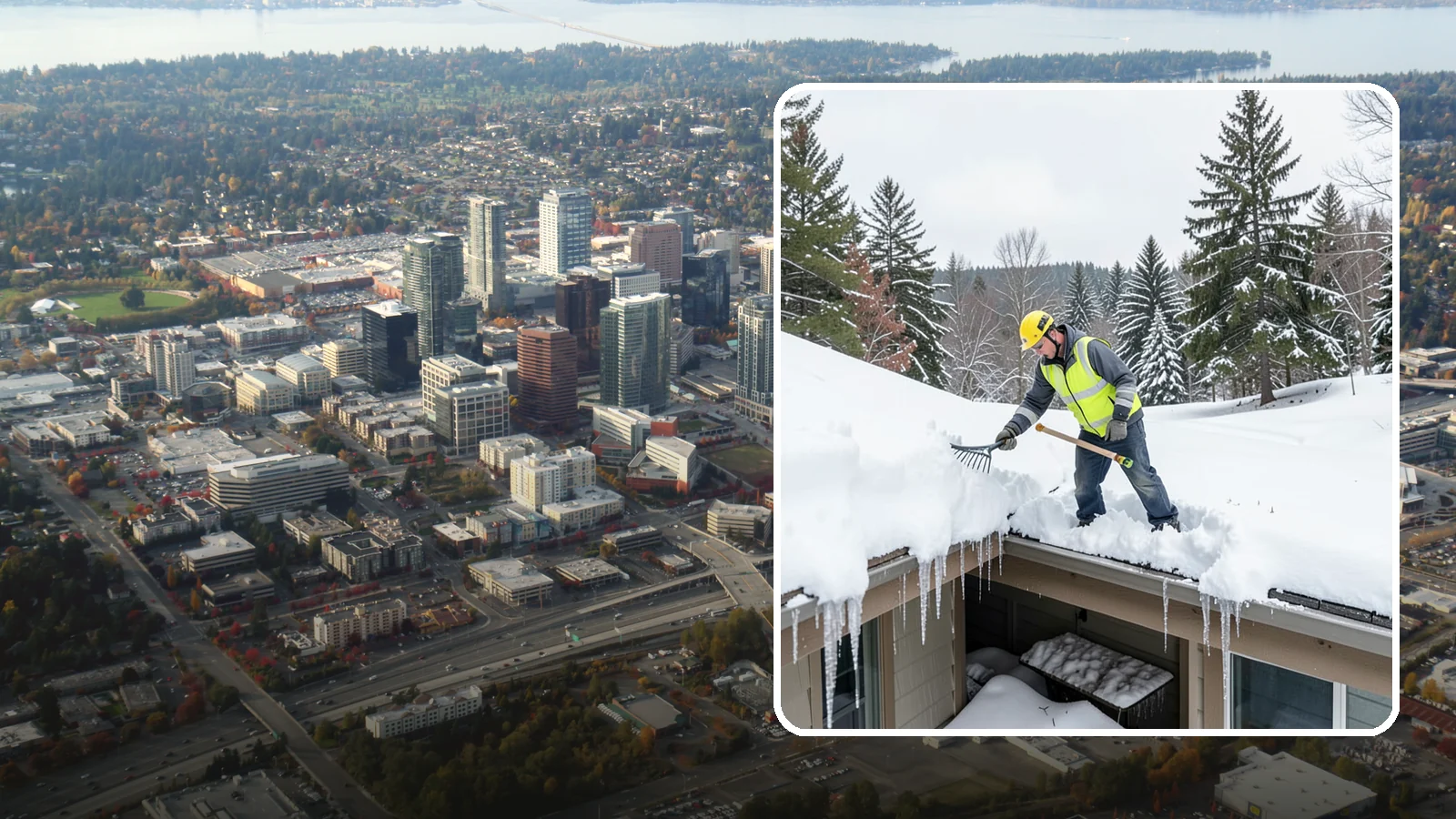 Roof Valley Clearing in Bellevue, King County, WA - We clear snow and ice from roof valleys where heavy Northwest accumulation and ice dams concentrate.