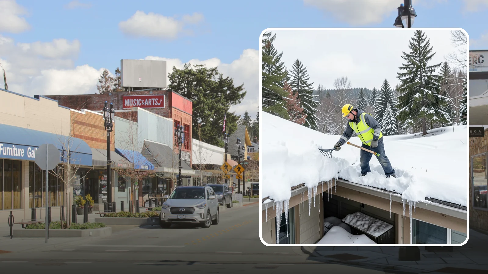 Roof Valley Clearing in Bothell, King County, WA - We clear snow and ice from roof valleys where heavy Northwest accumulation and ice dams concentrate.