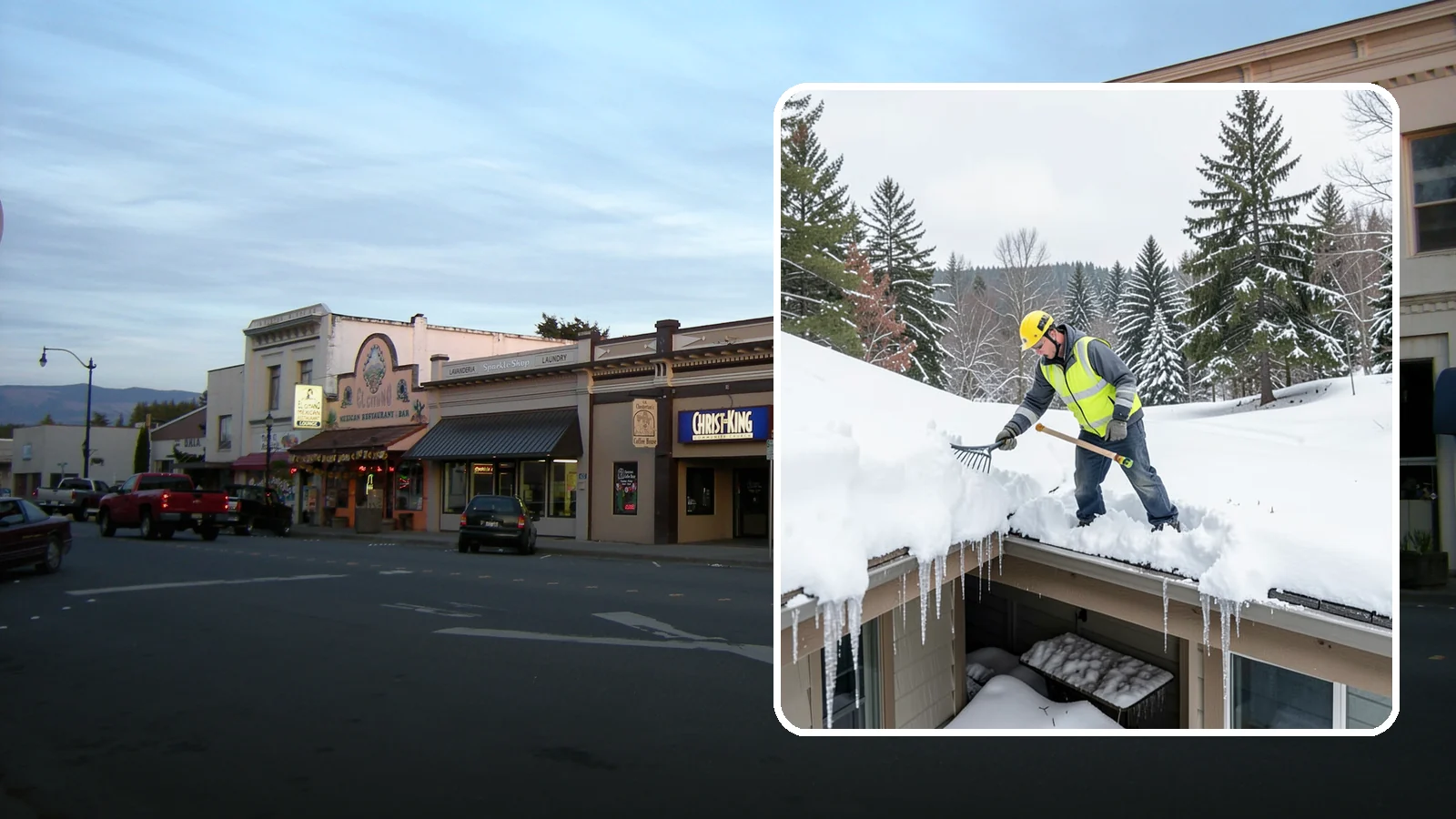 Roof Valley Clearing in Burlington, Skagit County, WA - We clear snow and ice from roof valleys where heavy Northwest accumulation and ice dams concentrate.