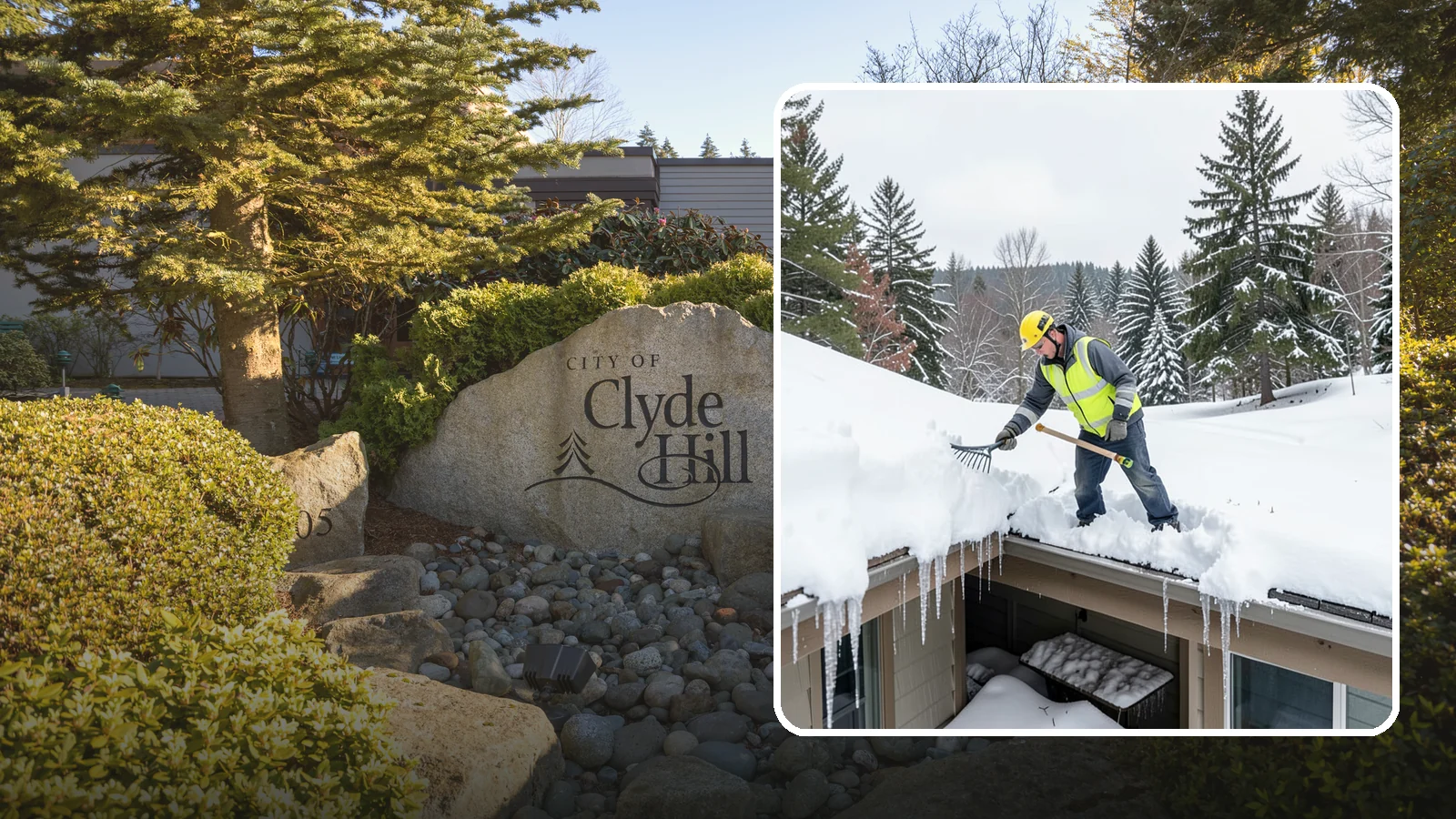 Roof Valley Clearing in Clyde Hill, King County, WA - We clear snow and ice from roof valleys where heavy Northwest accumulation and ice dams concentrate.