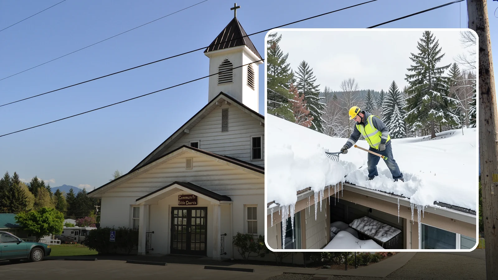 Roof Valley Clearing in Concrete, Skagit County, WA - We clear snow and ice from roof valleys where heavy Northwest accumulation and ice dams concentrate.