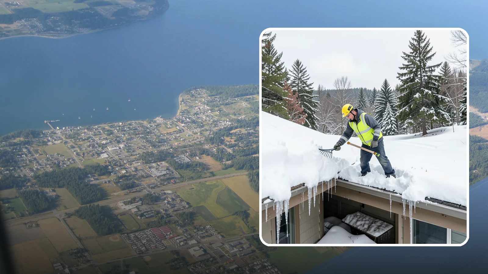 Roof Valley Clearing in Coupeville, Island County, WA - We clear snow and ice from roof valleys where heavy Northwest accumulation and ice dams concentrate.