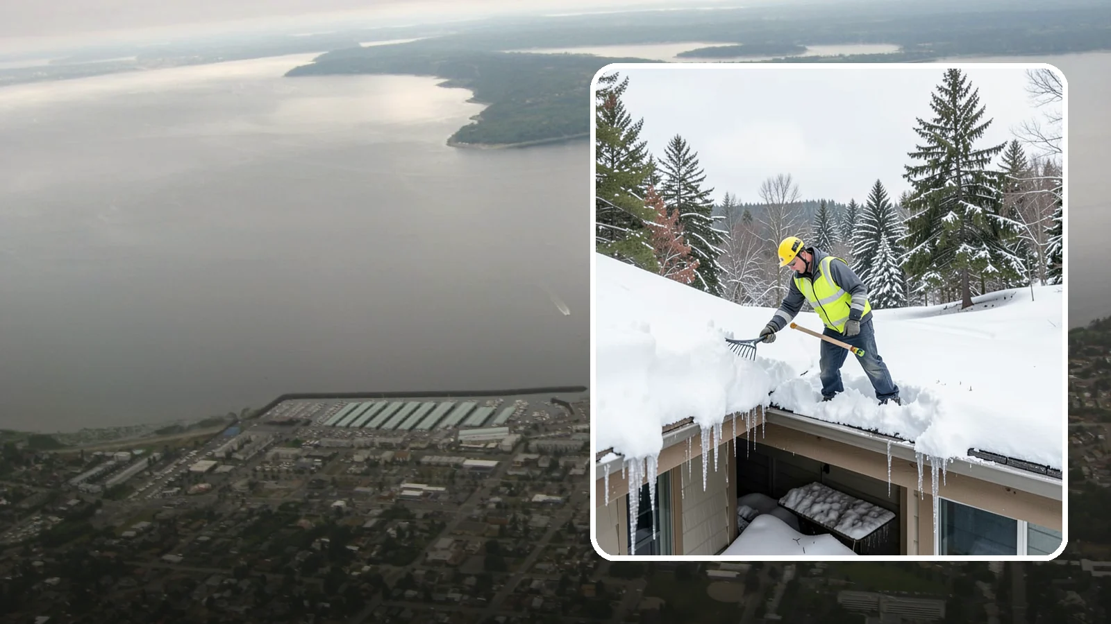 Roof Valley Clearing in Des Moines, King County, WA - We clear snow and ice from roof valleys where heavy Northwest accumulation and ice dams concentrate.