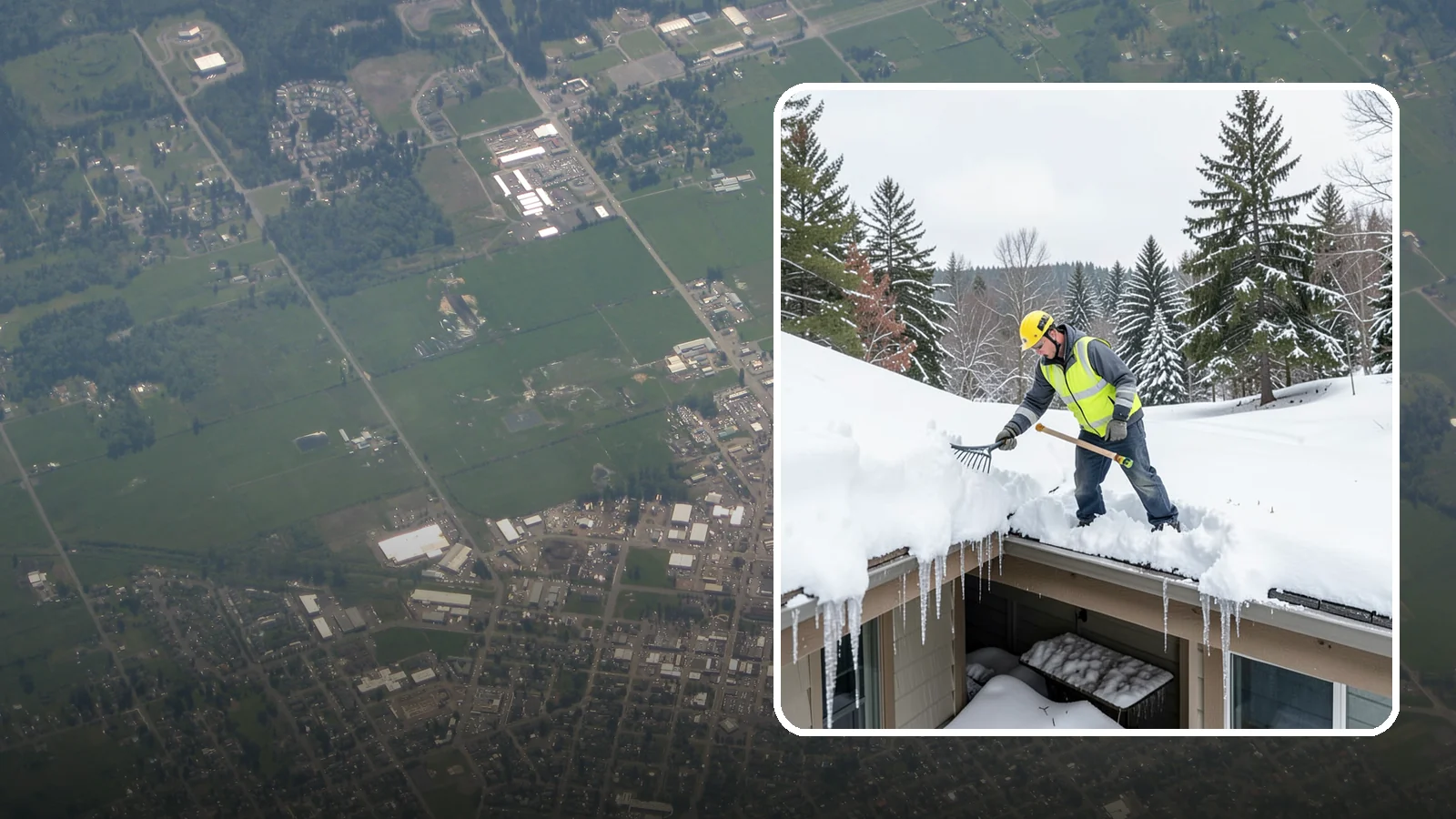 Roof Valley Clearing in Enumclaw, King County, WA - We clear snow and ice from roof valleys where heavy Northwest accumulation and ice dams concentrate.