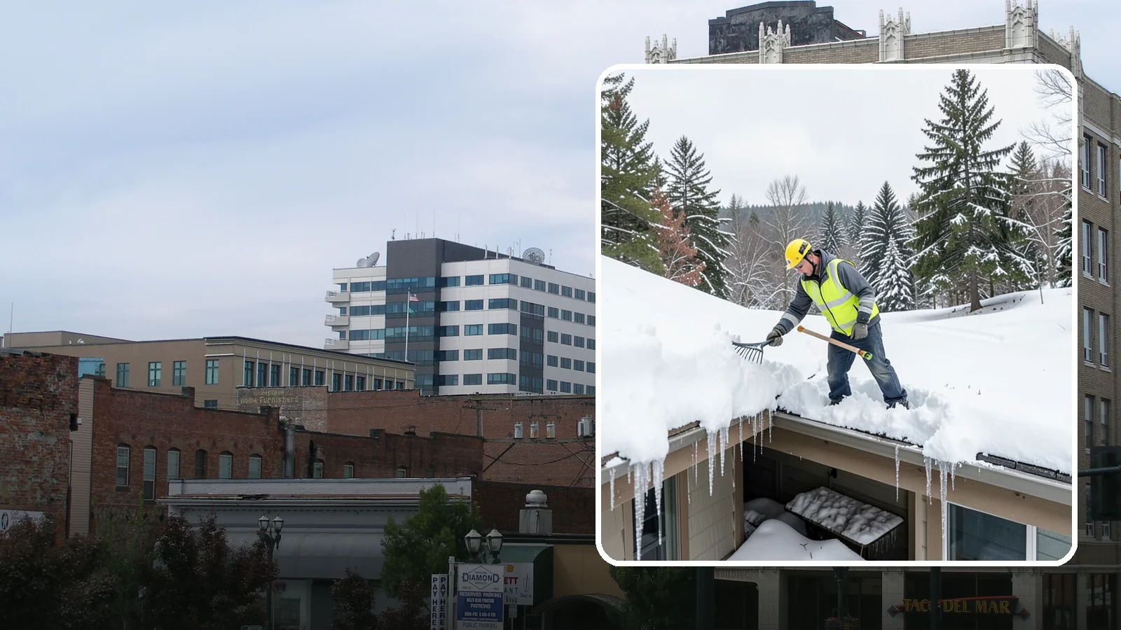 Roof Valley Clearing in Everett, Snohomish County, WA - We clear snow and ice from roof valleys where heavy Northwest accumulation and ice dams concentrate.
